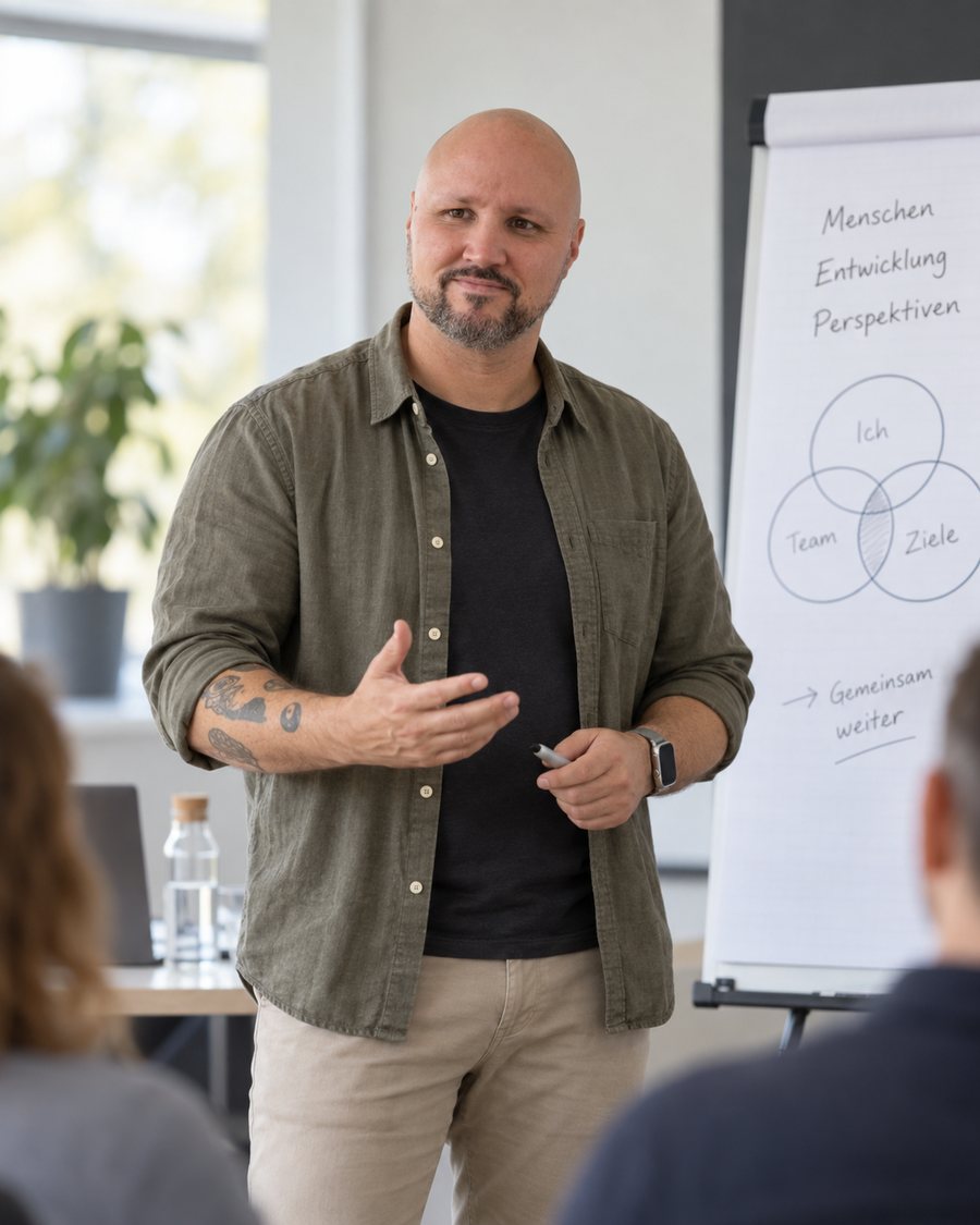 Nino als Referent vor einer Seminargruppe am Flipchart